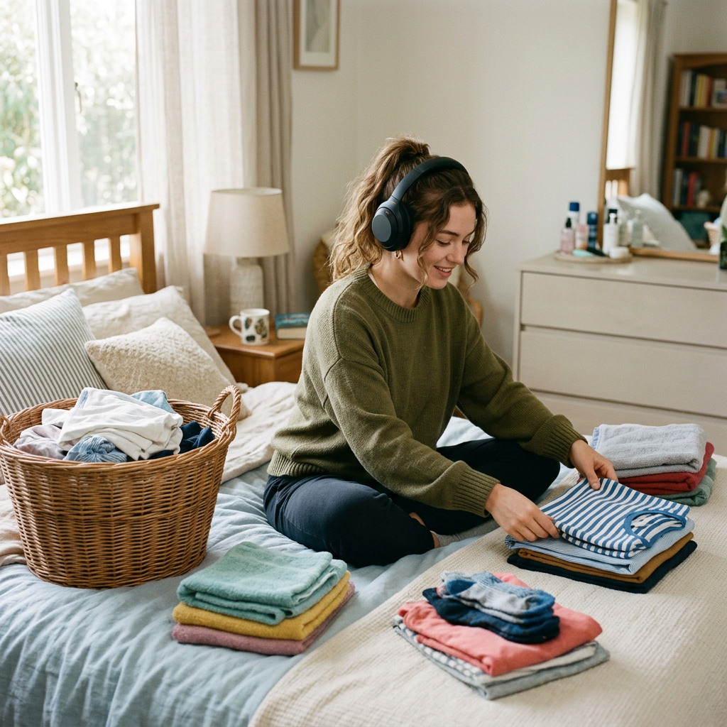 Woman sitting on bed folding laundry with headphones on